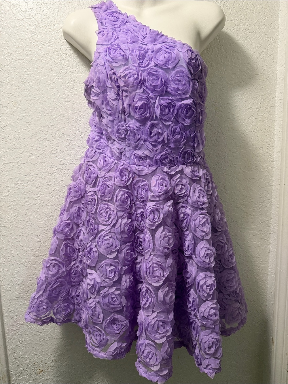 One-Shoulder Lilac Rose Appliqué Dress